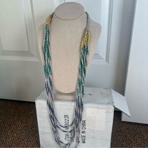 Chicos blue green braided leather statement chunky long lanyard necklace silver